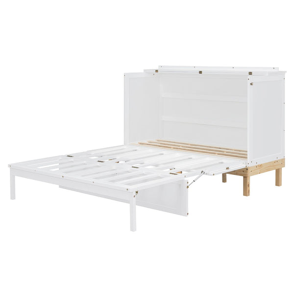 English Elm Queen Murphy Wall Bed Solid Pine Cabinet with Drawer Modern Space Saving Design White N708P243886K
