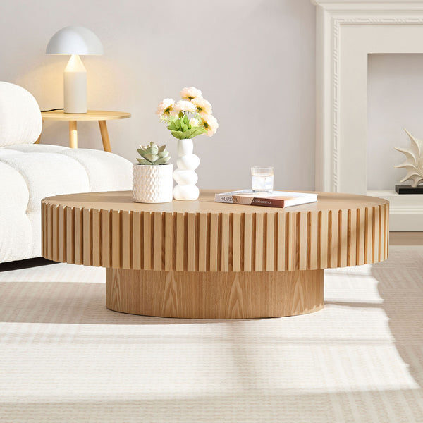 English Elm Modern Drum Coffee Table 47.6" Oval Ellipse Design with Sturdy Pedestal Base for Stylish Living Natural Ash W2582P251207