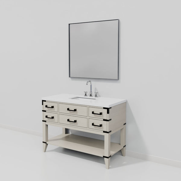 English Elm White Oak Single Bath Vanity Set With White Quartz Top, Chrome Faucet & 46" Mirror - Easy Install! B2731S02109-GIGA