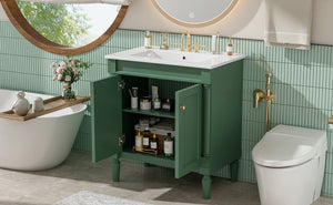 English Elm 30" French Style Bathroom Vanity with Ceramic Basin Soft Close Doors Wood Legs Green N710P415327F