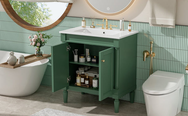 English Elm 30" French Style Bathroom Vanity with Ceramic Basin Soft Close Doors Wood Legs Green N710P415327F