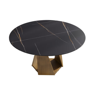 English Elm 59.05" Round Marble Dining Table – Stylish Bronze Iron Base For 6-8 People, Perfect For Modern Spaces W1535S00412