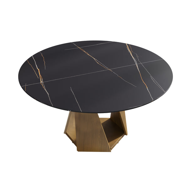 English Elm 59.05" Round Marble Dining Table – Stylish Bronze Iron Base For 6-8 People, Perfect For Modern Spaces W1535S00412