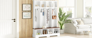 English Elm Farmhouse Hall Tree with Triple Arch Back Panel Eight Hooks Drawers and Entryway Bench White N721S000075K