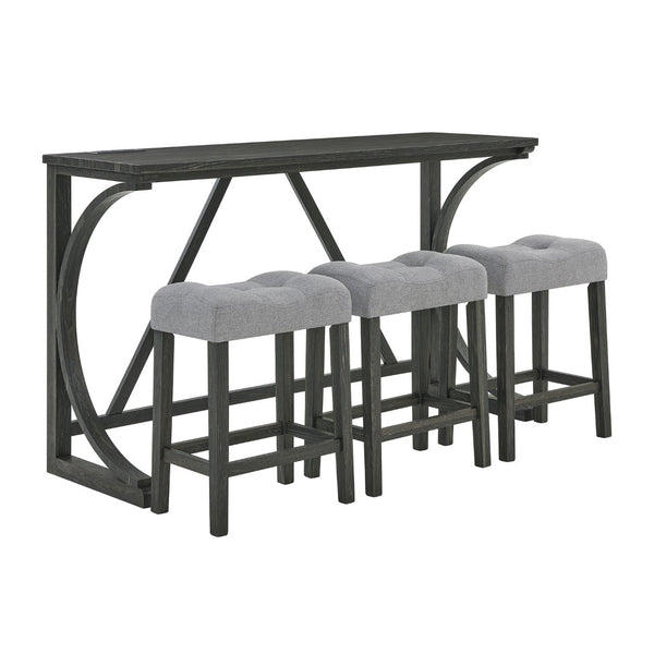 English Elm 59 Inch Bar Table Set with Power Outlet Rubberwood Frame and 3 Linen Stools Black W2972P385253