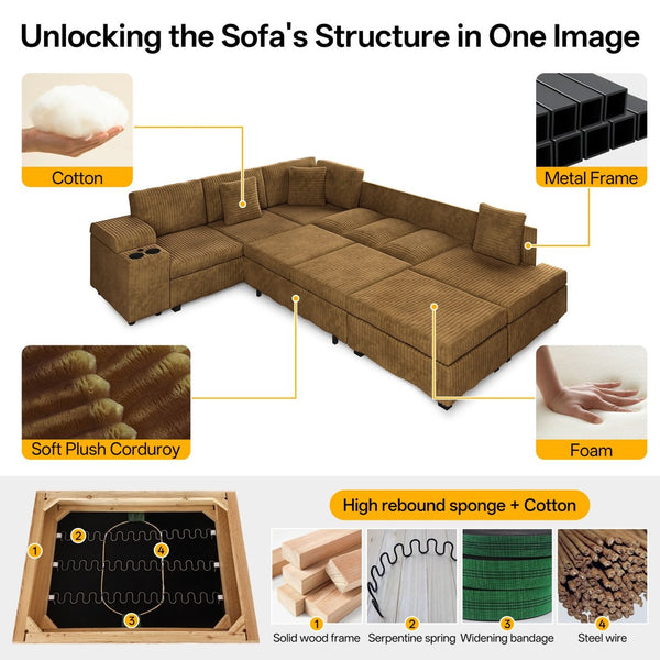 English Elm 110.2" Corduroy Sectional Sleeper Sofa with Ottoman Usb Ports Storage Armrests Living Room Camel W3219S00015