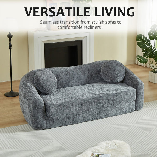 English Elm 86-inch Curved Chenille Convertible Sofa Recliner Frameless Folding Two-seater for Living Room Grey W3505P452818
