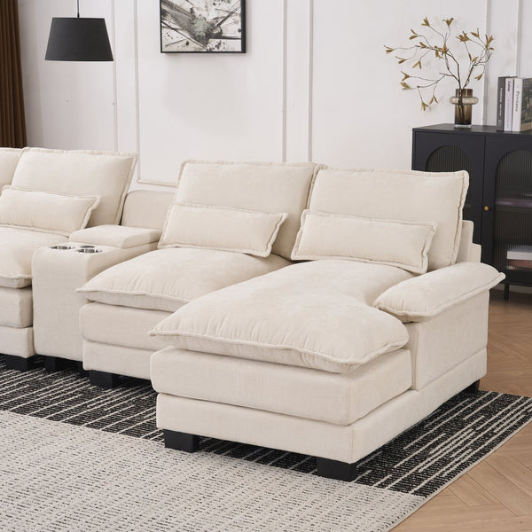 English Elm Modern U-shaped sofa with console, cupholders & USB ports — 6-seat sleeper with double chaise, chenille comfort W3401S00001