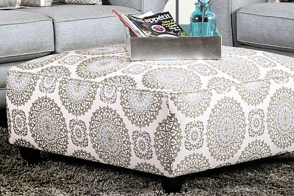 English Elm Square Upholstery Ottoman in Blue Chenille Patterned Fabric — Plush Extra Seating, Stylish Accent Ivory 38 L x 38 W x 12 H B2741P356316