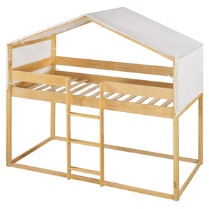 English Elm Twin Over Kids Bunk Bed with Tent Canopy Farmhouse Pinewood Playroom Frame Natural N708P248523M