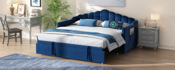 English Elm Upholstered Twin Daybed with Pop-Up Trundle, Built-In USB Type-C Charger, Side Pockets, Velvet Frame Blue 77.25 L x 17.25 W x 5.31 H N733S285118C