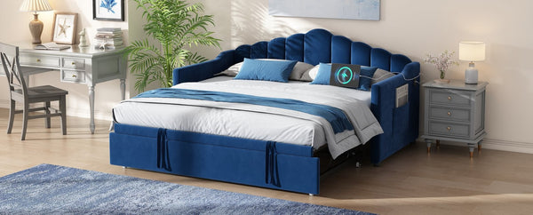 English Elm Upholstered Twin Daybed with Pop up Trundle Velvet Frame and Built in Usb Charging Blue N733S410648C