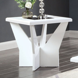 English Elm White glossy end table with geometric base and black tempered glass insert for modern statement decor White 27 L x 34 W x 6 H B2741P360140