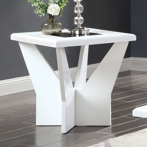 English Elm White glossy end table with geometric base and black tempered glass insert for modern statement decor White 27 L x 34 W x 6 H B2741P360140