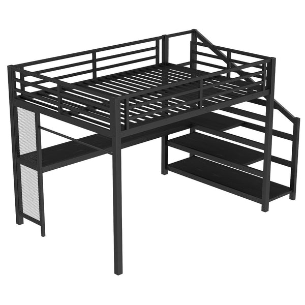 English Elm Twin Xl Metal Loft Bed with Stair Storage Shelves Sturdy Steel Frame for Dorms W1580S00434