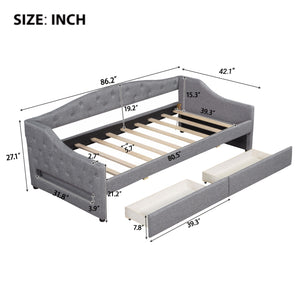 English Elm Upholstered Twin XL Daybed with LED Belt and Two Underbed Drawers, Linen Backrest, Modern Storage Elegance Gray DL002060AAE