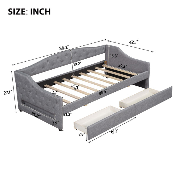 English Elm Upholstered Twin XL Daybed with LED Belt and Two Underbed Drawers, Linen Backrest, Modern Storage Elegance Gray DL002060AAE