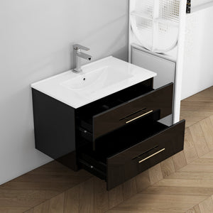 English Elm 30-Inch Sleek Black Gloss Wall-Mounted Bathroom Vanity With Integrated Sink & Easy Installation Options W3151S00054