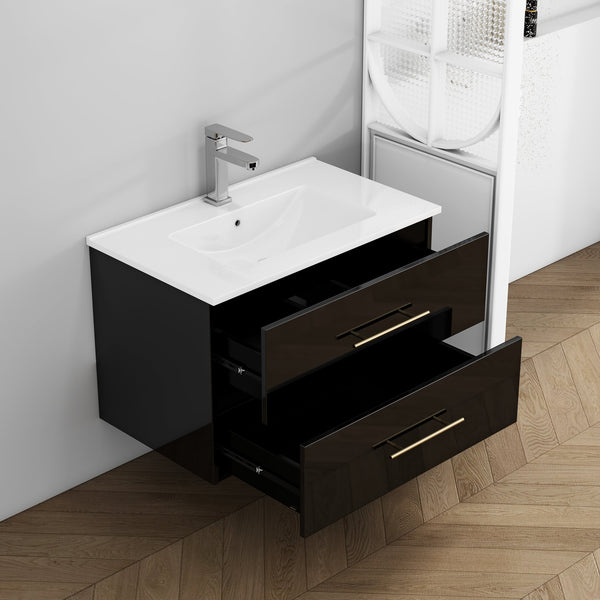 English Elm 30-Inch Sleek Black Gloss Wall-Mounted Bathroom Vanity With Integrated Sink & Easy Installation Options W3151S00054
