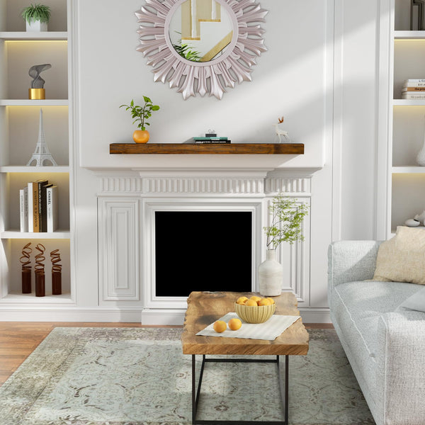 English Elm Fireplace Mantel, 72" Handcrafted Floating Shelf In Dark Chocolate - Rustic Wall Display For Decor T3210P391501