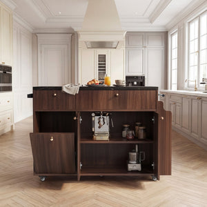 English Elm Kitchen Rolling Cart with Black Marble Top Drop Leaf Drawers and Spice Rack Storage Walnut B2764S00007