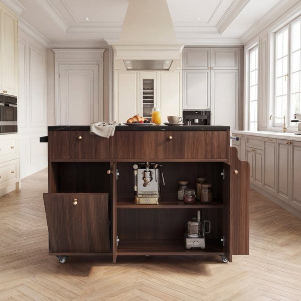 English Elm Kitchen Rolling Cart with Black Marble Top Drop Leaf Drawers and Spice Rack Storage Walnut B2764S00007