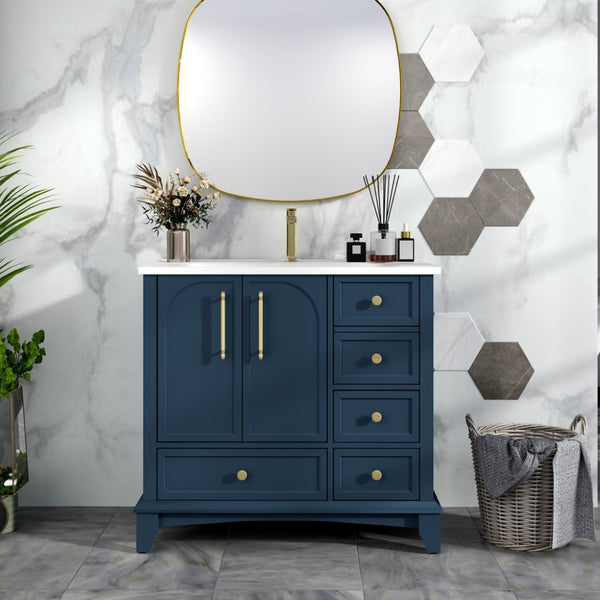English Elm 35.6" Freestanding Bathroom Vanity with Roman Column Base and Ceramic Integrated Sink Blue W1801S00002