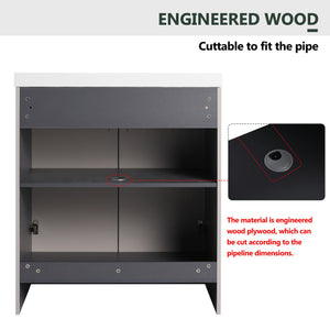 English Elm 30" Modern Freestanding Bathroom Vanity with Integrated Basin, Adjustable Shelf & 3 Metal Handles khaki W999P241054