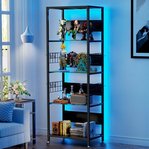 English Elm 4-tier Tempered Glass Steel Frame Display Shelf with Rgb Led Lighting for Collectibles W3190P371784