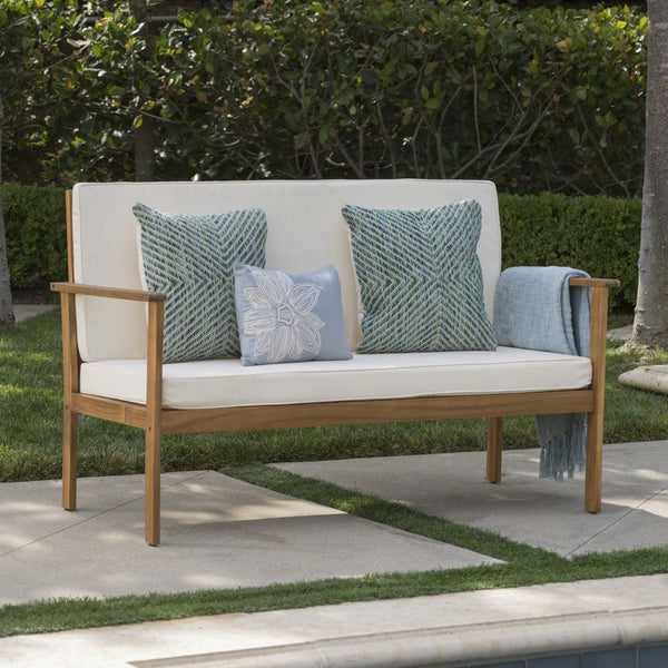 English Elm Beige Outdoor Loveseat Solid Acacia Wood Slatted Back Cushioned Patio Seating N770P356880C