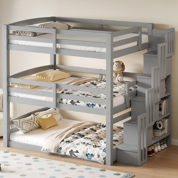 English Elm Full Size Triple Bunk Bed Solid Pine Frame with Storage Staircase Separate Convertible Design Gray N7090000477E