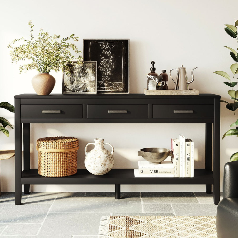 English Elm U_style Farmhouse Console Table with Three Drawers Open Shelf Entryway Organizer Black N711P410445B