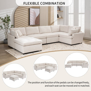 English Elm [ U_STYLE Upholstered Sectional Sofa Removable Ottoman Spacious U-Shape 6-Seat Couch Durable Frame Cozy PP Cotton Fill Beige WY000387AAA