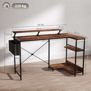 English Elm Homcom Rustic Brown L Shaped Corner Desk with Led Strip Power Outlet Monitor Shelf W2225P485648
