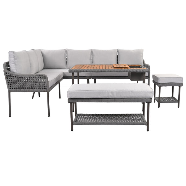 English Elm K&K 6-Piece Rope Patio L-Shaped Sectional Set with Acacia Wood Ice Box Table and Deep Cushions Grey N707S000014G