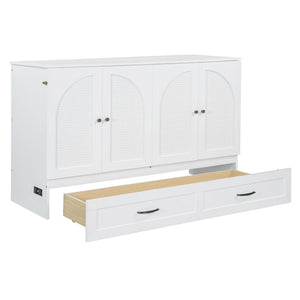 English Elm Queen Murphy Wall Bed with Usb Ports Storage Drawers and Cabinet Style Panel Front White N708S00010K-1