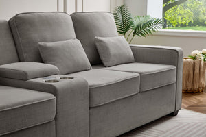 English Elm 114" Modern Upholstered Sofa with Console, Built-In USB & Cupholders, Durable Linen Fabric Comfort Light Brown W2353S00005