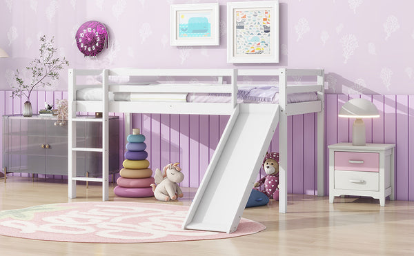 English Elm Twin Low Loft Bed with Slide and Ladder for Kids, Rubberwood Frame, Safety Guardrails & Playspace White W504P218525