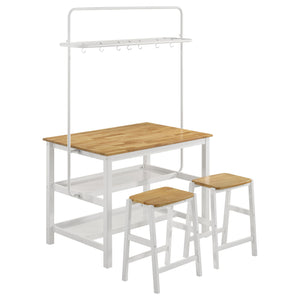 English Elm Prager Farmhouse 3-Piece Kitchen Island with Overhead Rack, Hooks & Shelves, Two Backless Stools, White B062S00619