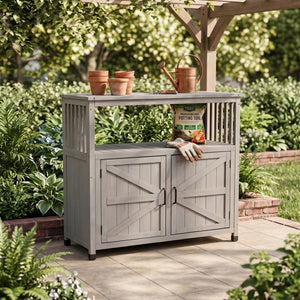 English Elm Wooden Solid Bar Height Buffet Cabinet with Slatted Panels for Patio or Dining W2640P262542