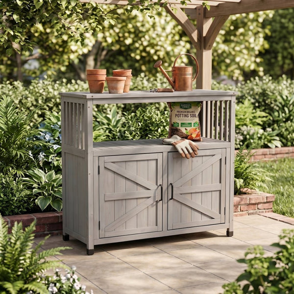 English Elm Wooden Solid Bar Height Buffet Cabinet with Slatted Panels for Patio or Dining W2640P262542