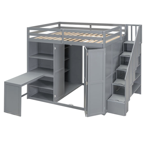 English Elm Full Size Loft Bed with Wardrobe Desk and Shelving for Modern Teen Bedroom Gray LT000679AAE-1