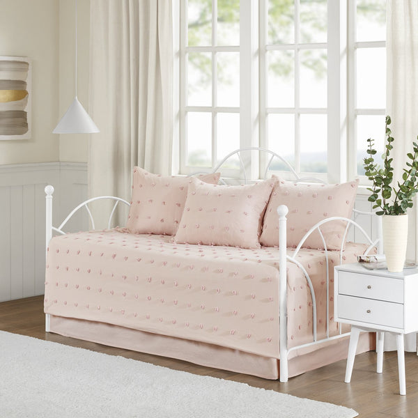 JLA Home Urban Habitat - Cotton Twin Daybed Cover Set with Tufted Chenille Dots, OEKO-TEX Certified, Shabby Chic Layered Look Pink UH13-2208