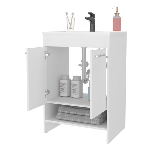 English Elm White 2-Door Bathroom Vanity with Open Shelves, Bright White Finish, Modern Clean Look for Small Spaces B062P355531