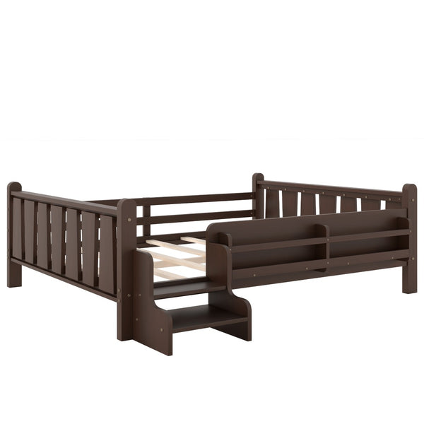 English Elm Twin Pine Floor Bed for Kids with Side Bookcases Built-in Stairs and Safety Guardrails Espresso W1580P390226