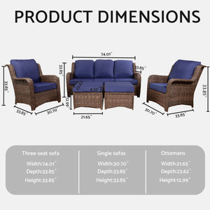 English Elm Patio Rattan Outdoor Sectional Set with 3-Seat Sofa, 2 Chairs & 2 Ottomans Cushioned Comfort Brown Grey,Navy Blue W1710S00255