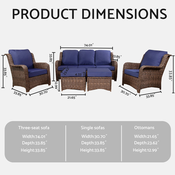 English Elm Patio Rattan Outdoor Sectional Set with 3-Seat Sofa, 2 Chairs & 2 Ottomans Cushioned Comfort Brown Grey,Navy Blue W1710S00255