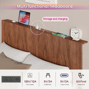 English Elm Walnut Queen Floating Bed Frame with LED Lights, Wavy Headboard, Built-In Charging Station, 1000LB Capacity W1820P329697