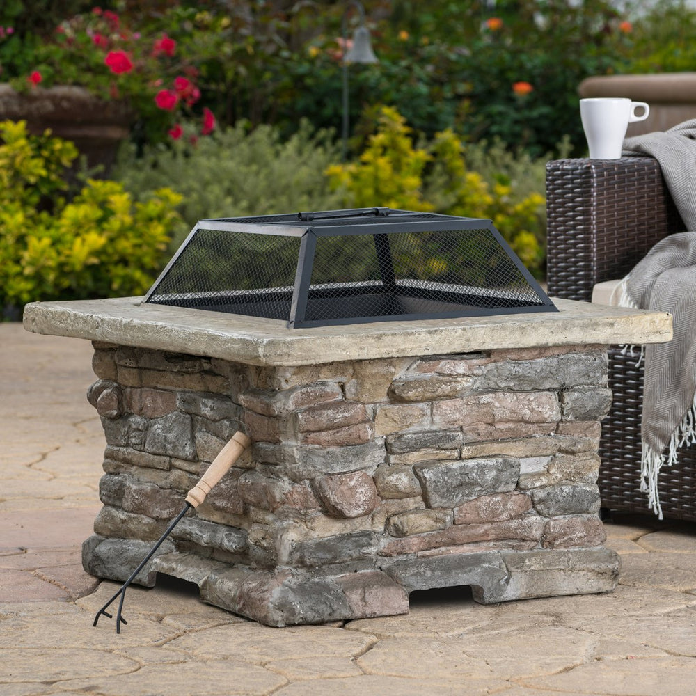 English Elm Christopher Knight Home® - 28" MGO Wood Burning Outdoor Fire Pit with Lid — Stone Gray MGO Base, Iron Bowl, Mesh Cover & Poker Tool 53657.00