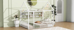 English Elm Full Metal House Bed Frame Full Size with Built-In Fence and 4 Grid Shelves for Durable Storage and Style White N737P175361K